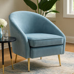 Aqua Blue Velvet Tub Armchair with Gold Finish Metal Legs