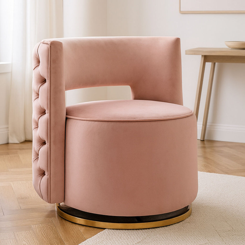 Pink Velvet Swivel Chair with Button Tufting