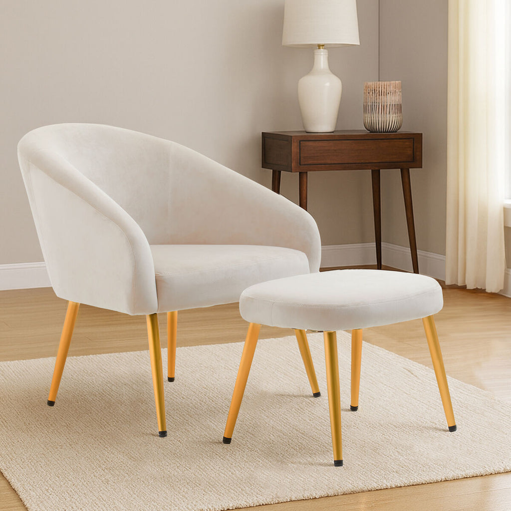 Dark Beige Velvet Chair and Footstool with Gold Powder Coated Legs