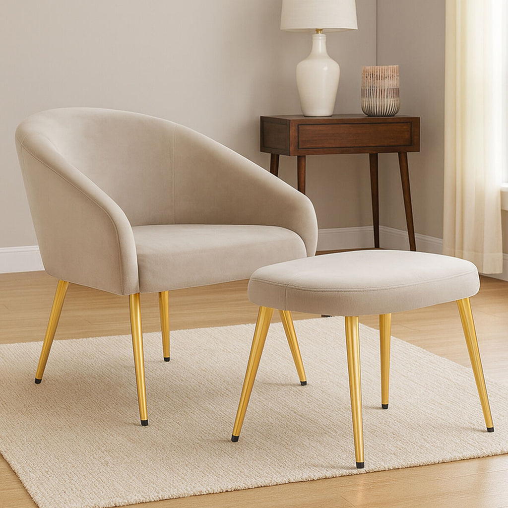 Mink Velvet Chair and Footstool with Gold Powder Coated Legs