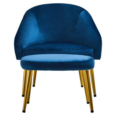 Midnight Blue Velvet Chair and Footstool with Gold Powder Coated Legs