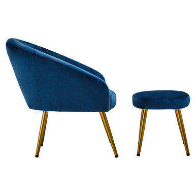 Midnight Blue Velvet Chair and Footstool with Gold Powder Coated Legs