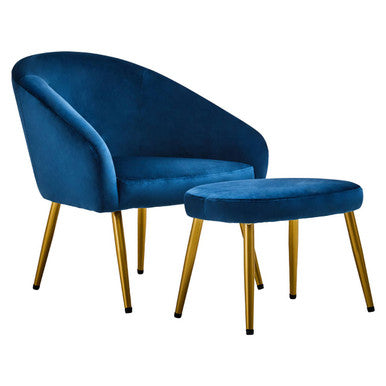 Midnight Blue Velvet Chair and Footstool with Gold Powder Coated Legs