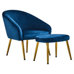 Midnight Blue Velvet Chair and Footstool with Gold Powder Coated Legs