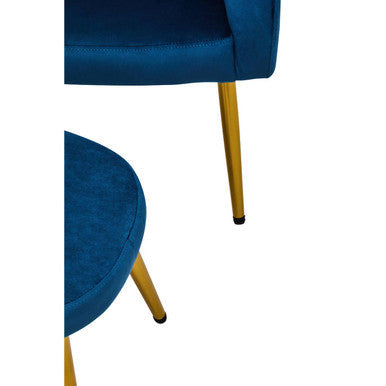 Midnight Blue Velvet Chair and Footstool with Gold Powder Coated Legs