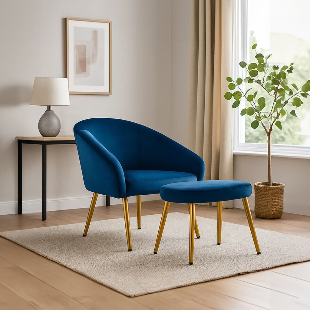 Midnight Blue Velvet Chair and Footstool with Gold Powder Coated Legs