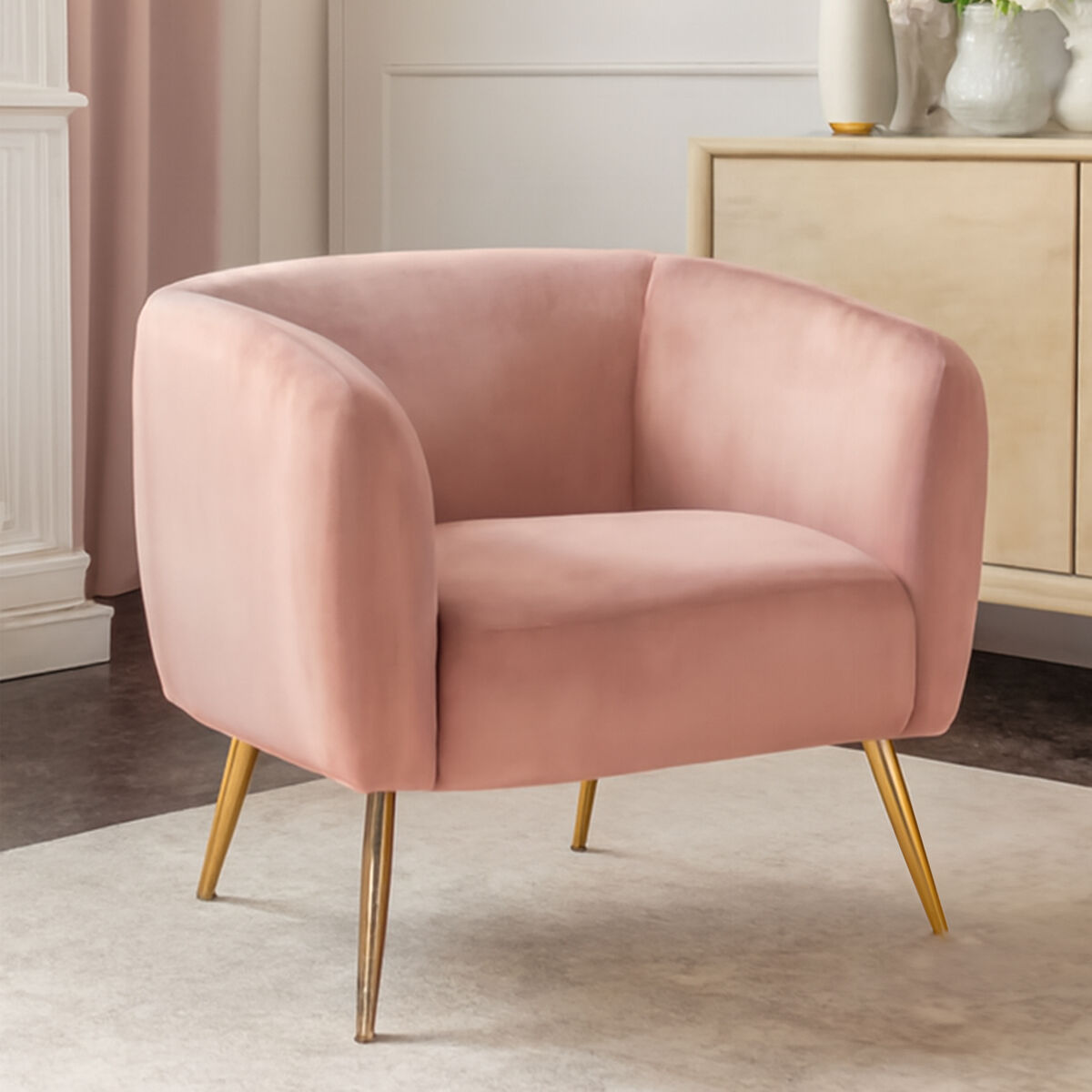Pink Velvet Armchair with Gold Finish Metal Legs