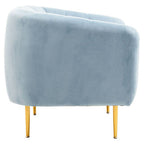 Blue Velvet Barrel Back Armchair with Gold Finish Legs