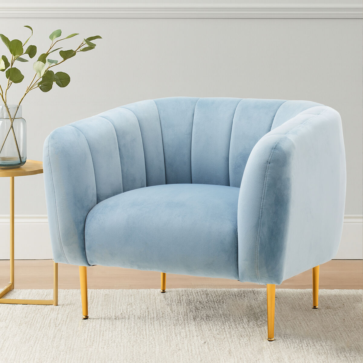 Blue Velvet Barrel Back Armchair with Gold Finish Legs