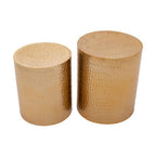 Set of 2 Gold Metallic Cylindrical Side Tables and Stools with Chevron Textured Surface