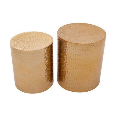 Set of 2 Gold Metallic Cylindrical Side Tables and Stools with Chevron Textured Surface