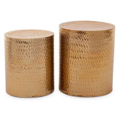 Set of 2 Gold Metallic Cylindrical Side Tables and Stools with Chevron Textured Surface