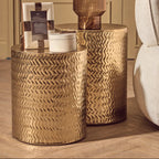 Set of 2 Gold Metallic Cylindrical Side Tables and Stools with Chevron Textured Surface
