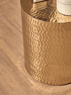 Set of 2 Gold Metallic Cylindrical Side Tables and Stools with Chevron Textured Surface