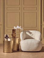 Set of 2 Gold Metallic Cylindrical Side Tables and Stools with Chevron Textured Surface