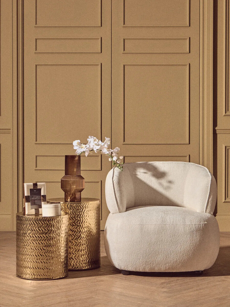 Set of 2 Gold Metallic Cylindrical Side Tables and Stools with Chevron Textured Surface