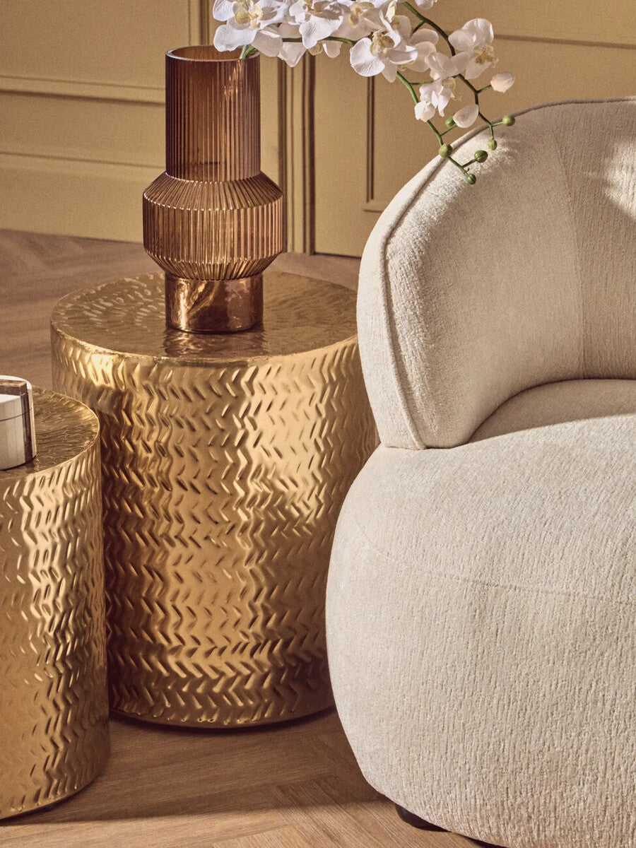 Set of 2 Gold Metallic Cylindrical Side Tables and Stools with Chevron Textured Surface