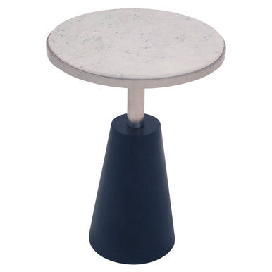 White Round Marble Top Side Table with Slim Column and Black Conical Base