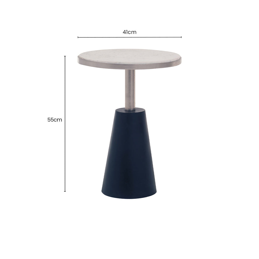 White Round Marble Top Side Table with Slim Column and Black Conical Base