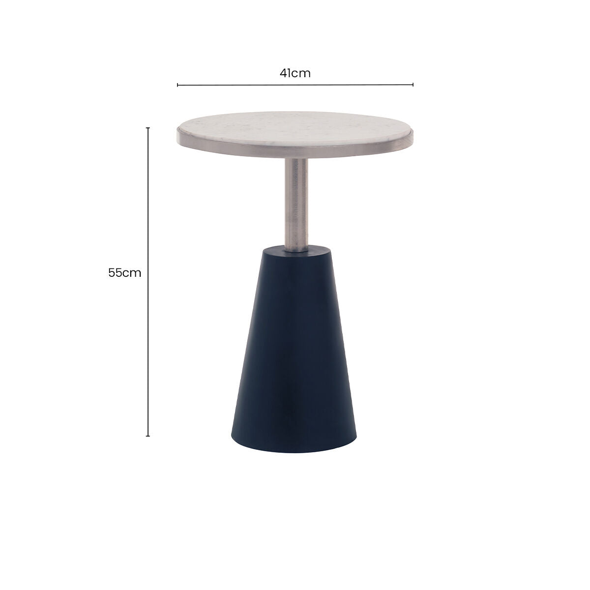White Round Marble Top Side Table with Slim Column and Black Conical Base
