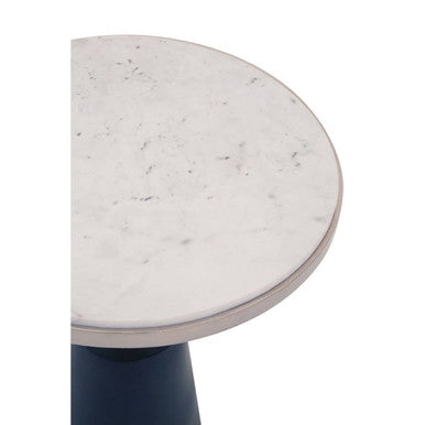 White Round Marble Top Side Table with Slim Column and Black Conical Base