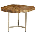 Natural Small Rustic Petrified Wood Top Side Table with Silver Finish Metal Frame