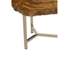 Natural Small Rustic Petrified Wood Top Side Table with Silver Finish Metal Frame