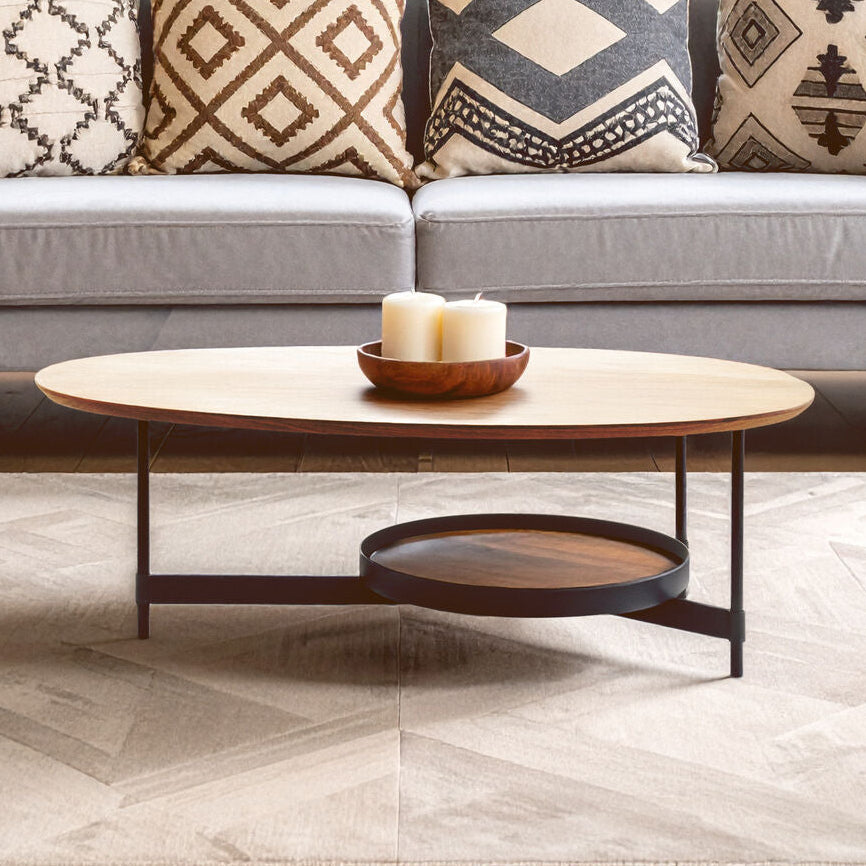 Natural Wooden Effect Oblong Coffee Table with Black Finish Base