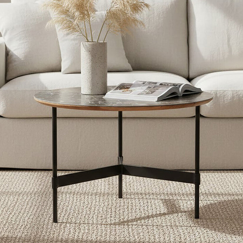 Grey Slate Top Round Coffee Table with Metal Base