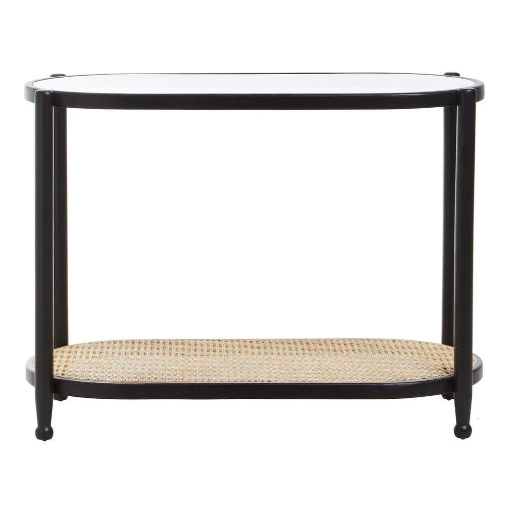 Black Elm Wooden Frame and Clear Glass Top 2-Tier Console Table with Natural Rattan Shelf