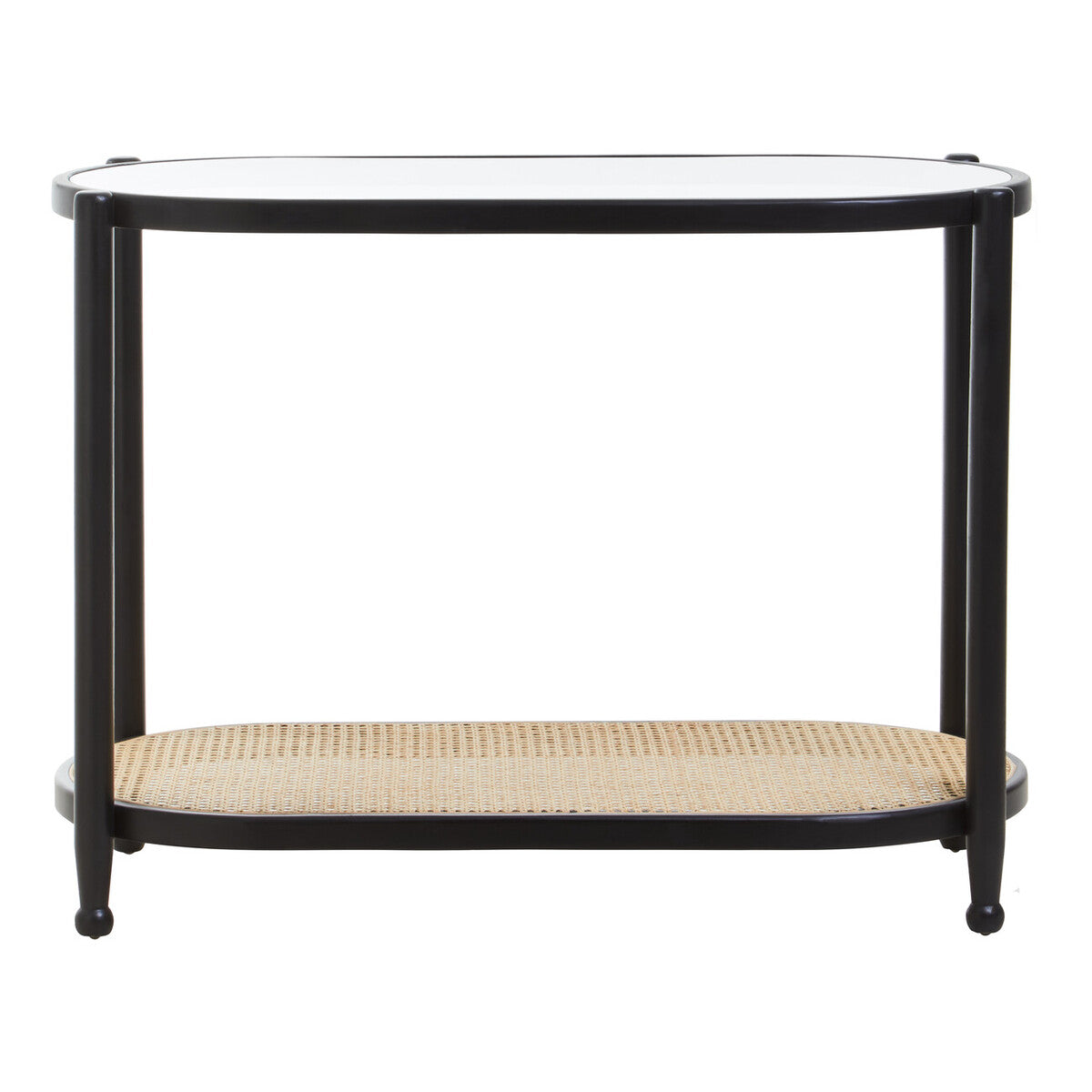 Black Elm Wooden Frame and Clear Glass Top 2-Tier Console Table with Natural Rattan Shelf