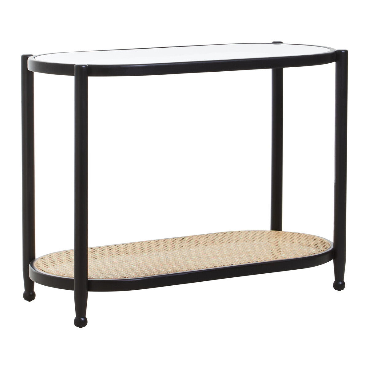 Black Elm Wooden Frame and Clear Glass Top 2-Tier Console Table with Natural Rattan Shelf