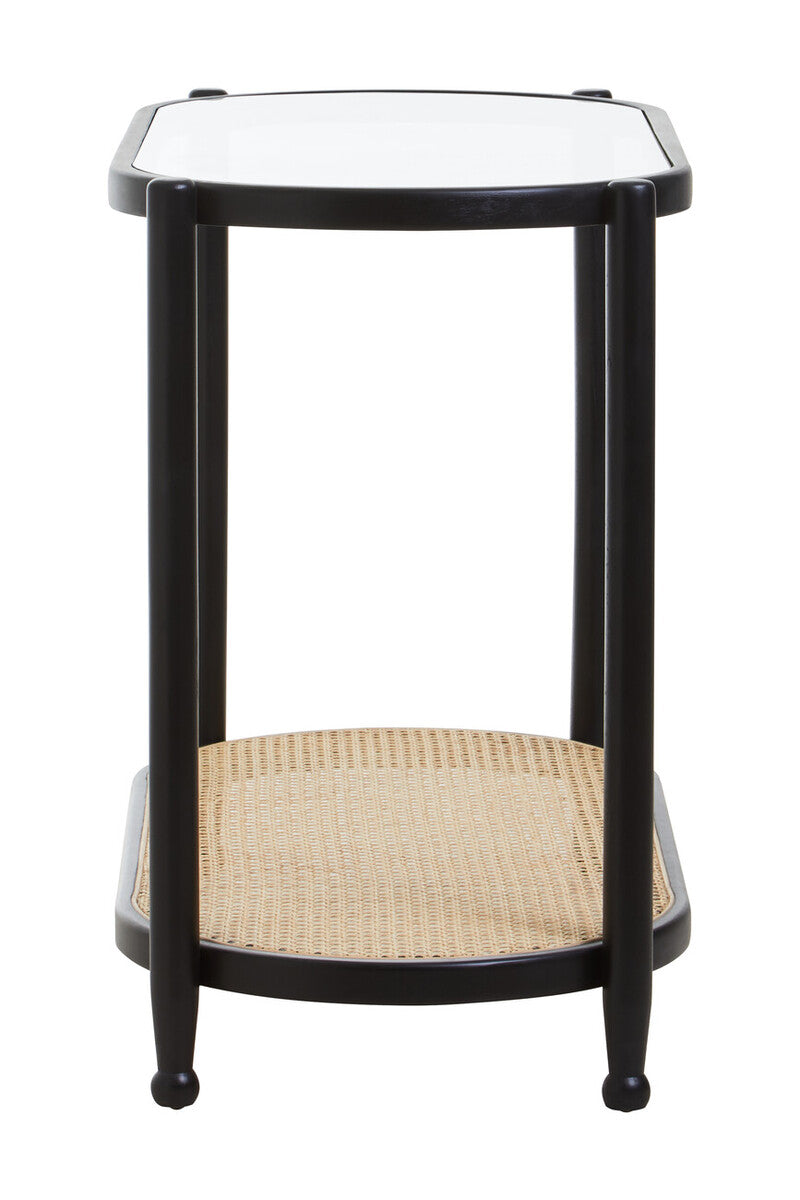 Black Elm Wooden Frame and Clear Glass Top 2-Tier Console Table with Natural Rattan Shelf