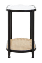 Black Elm Wooden Frame and Clear Glass Top 2-Tier Console Table with Natural Rattan Shelf