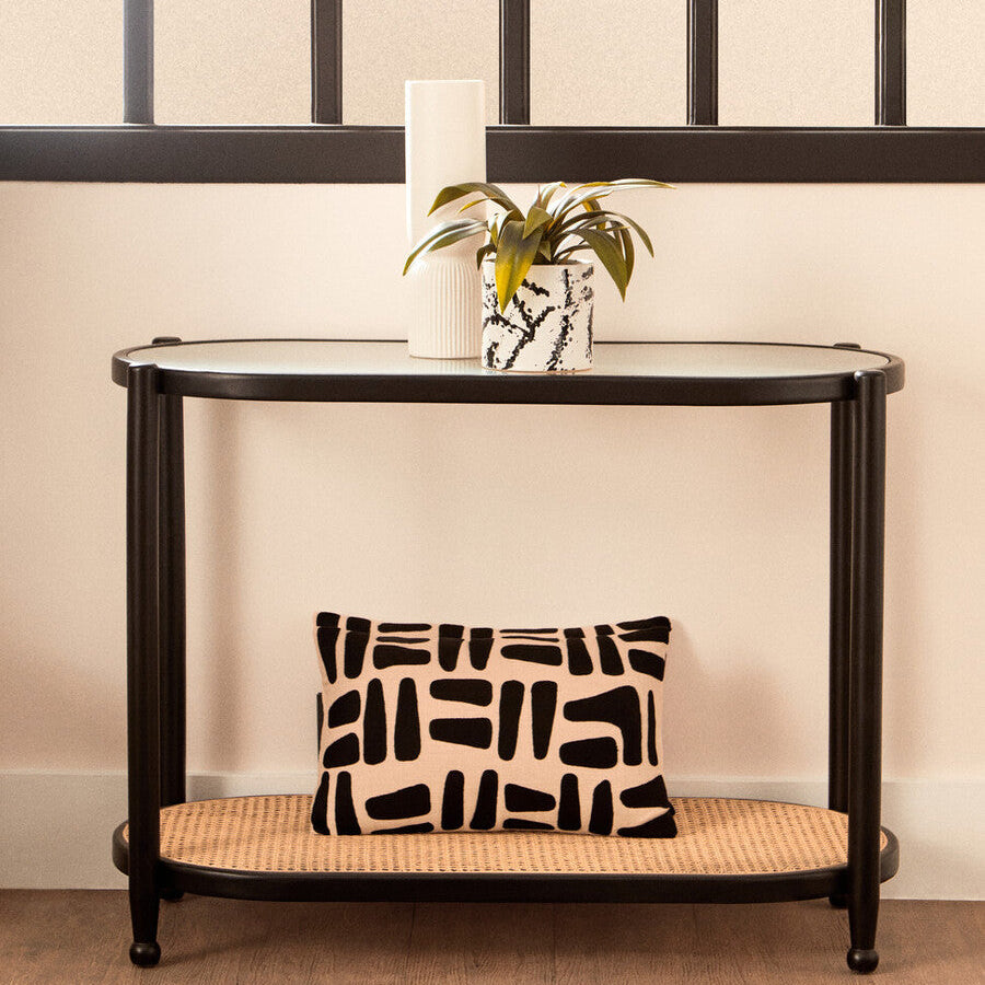Black Elm Wooden Frame and Clear Glass Top 2-Tier Console Table with Natural Rattan Shelf