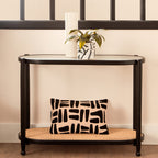 Black Elm Wooden Frame and Clear Glass Top 2-Tier Console Table with Natural Rattan Shelf