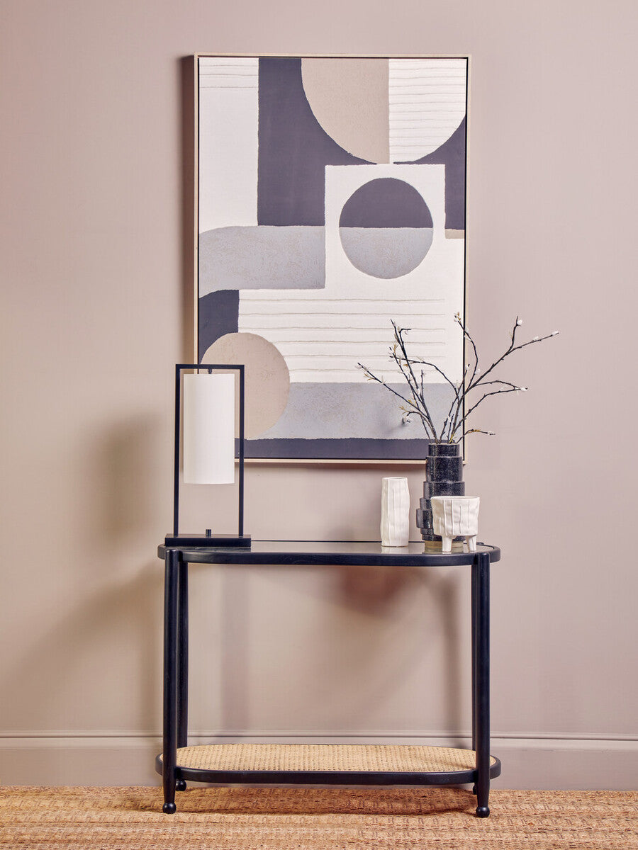 Black Elm Wooden Frame and Clear Glass Top 2-Tier Console Table with Natural Rattan Shelf