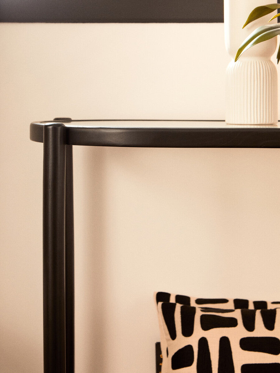 Black Elm Wooden Frame and Clear Glass Top 2-Tier Console Table with Natural Rattan Shelf