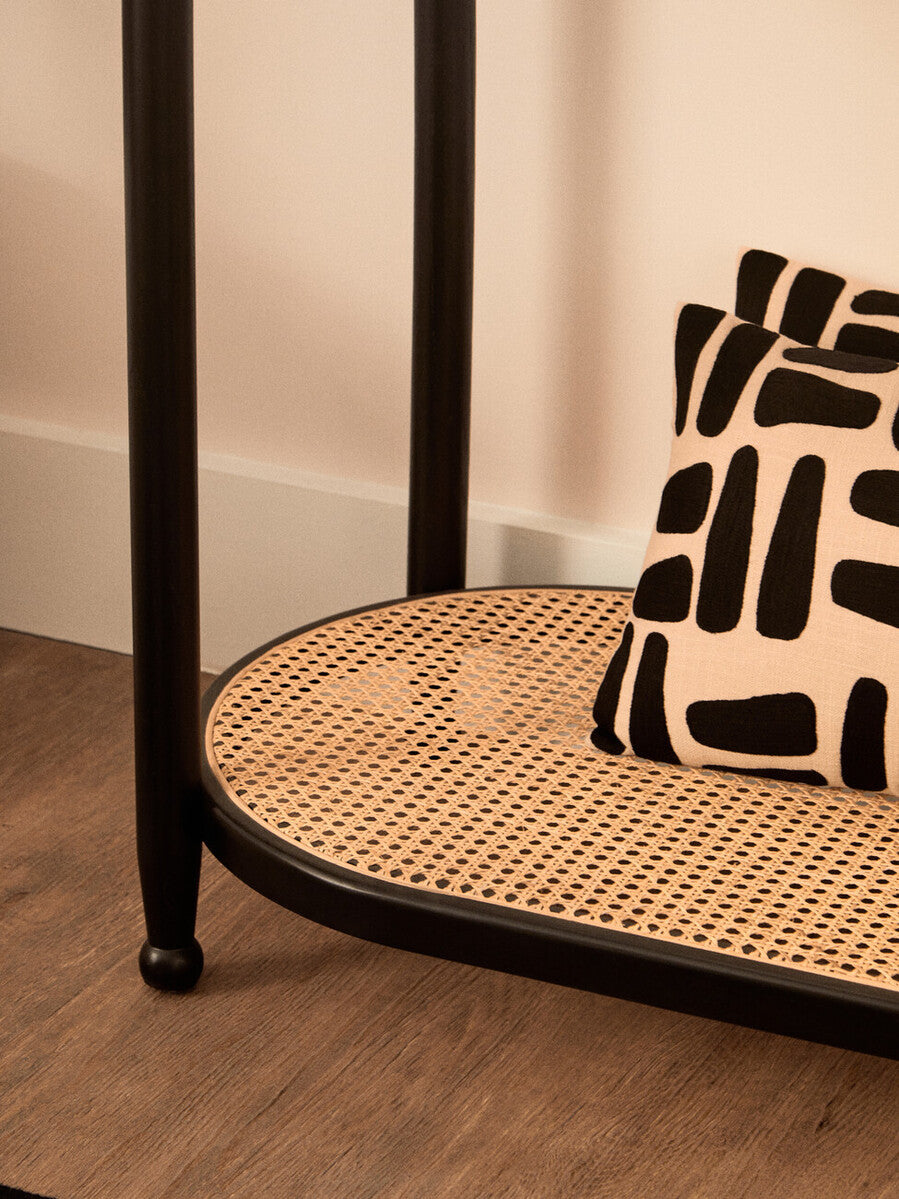 Black Elm Wooden Frame and Clear Glass Top 2-Tier Console Table with Natural Rattan Shelf