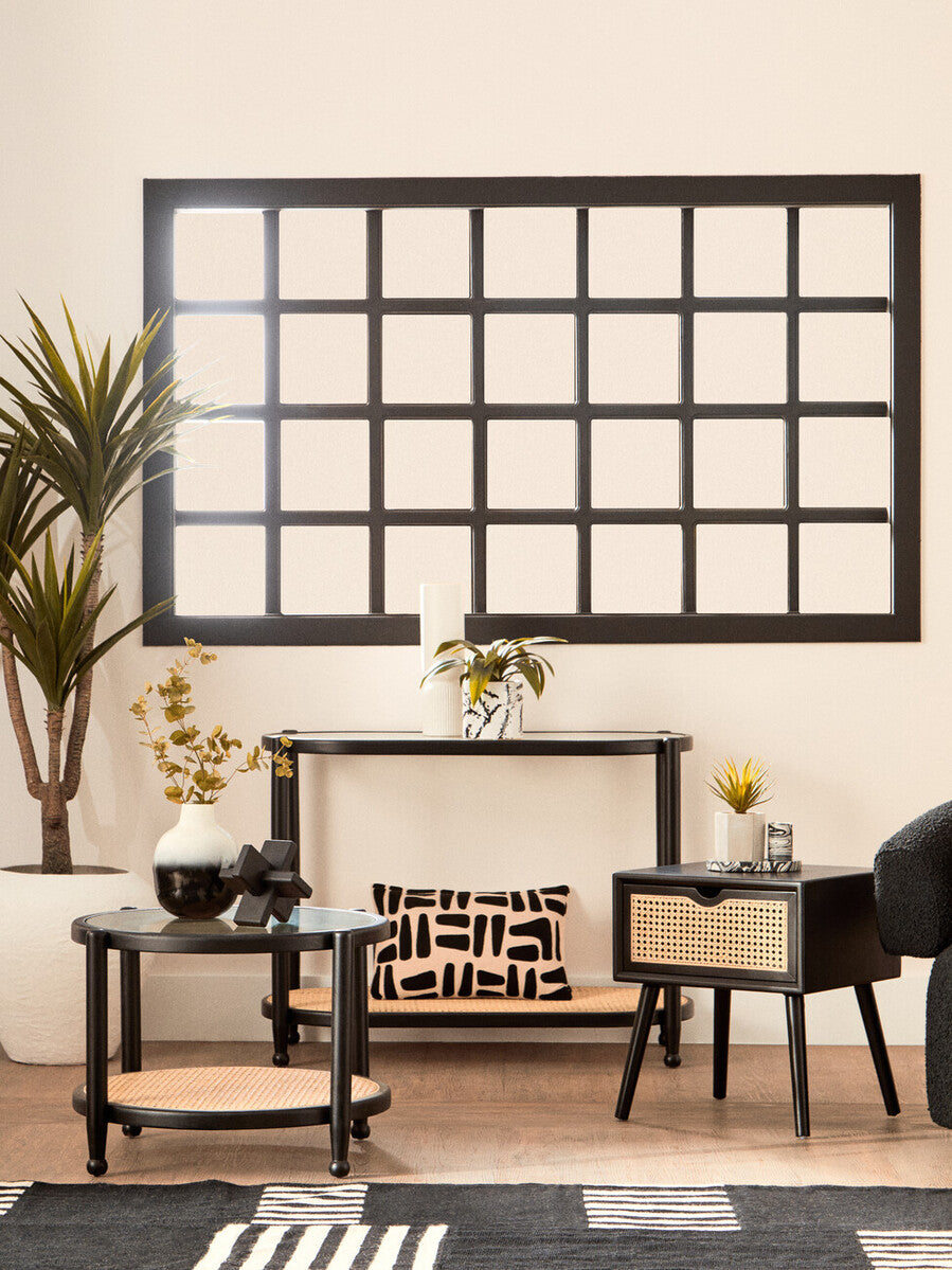 Black Elm Wooden Frame and Clear Glass Top 2-Tier Console Table with Natural Rattan Shelf