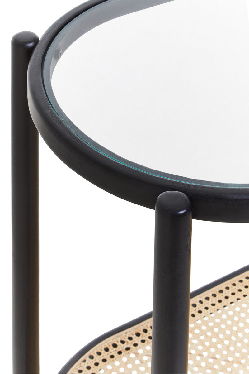 Black Elm Wooden Frame and Clear Glass Top 2-Tier Console Table with Natural Rattan Shelf