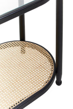 Black Elm Wooden Frame and Clear Glass Top 2-Tier Console Table with Natural Rattan Shelf