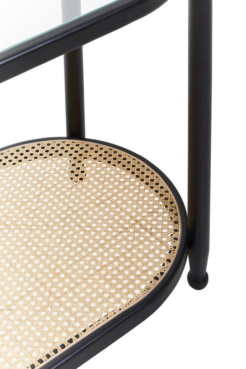 Black Elm Wooden Frame and Clear Glass Top 2-Tier Console Table with Natural Rattan Shelf