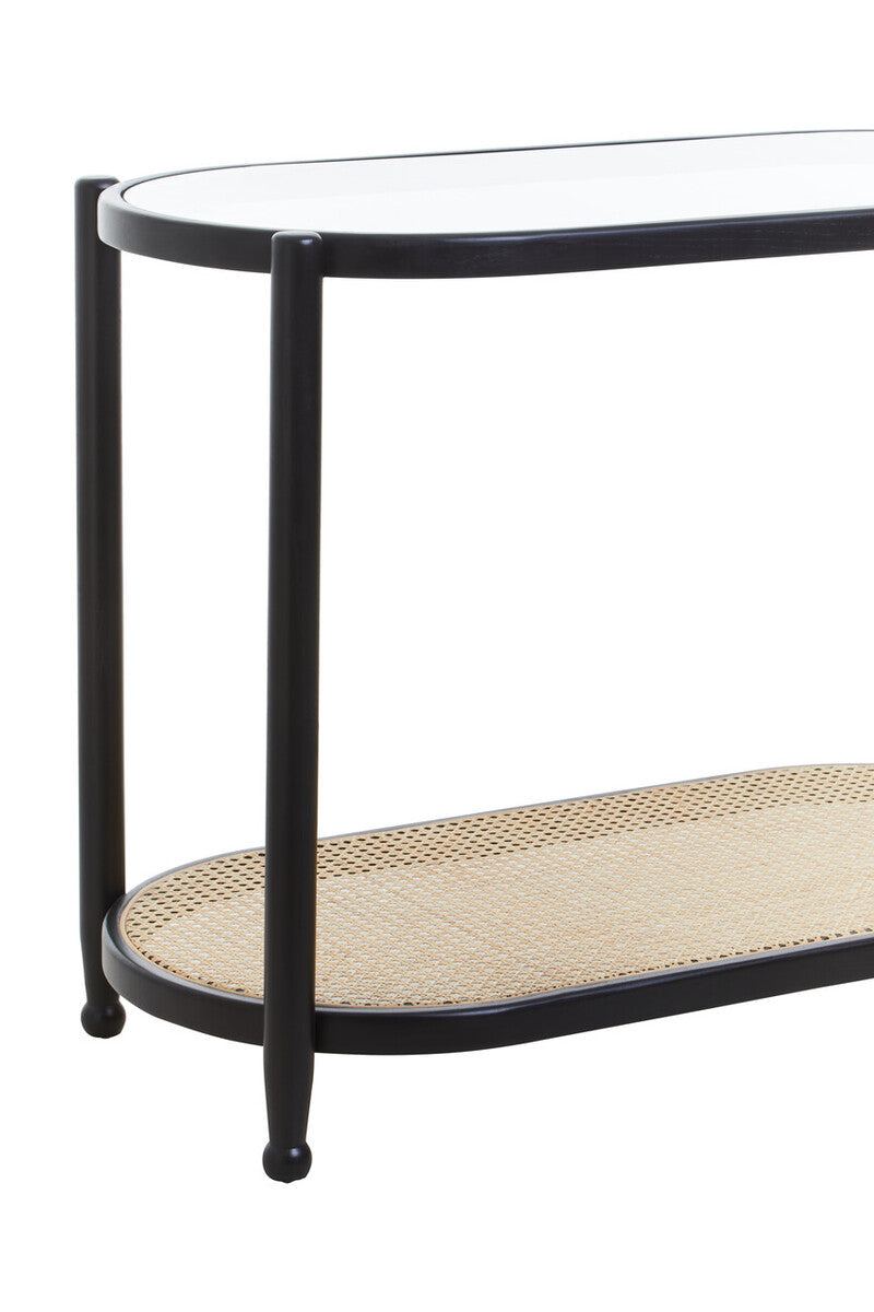 Black Elm Wooden Frame and Clear Glass Top 2-Tier Console Table with Natural Rattan Shelf