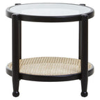 Black Elm Wood Side Table with Glass Top and Cane Open Weave Lower Shelf