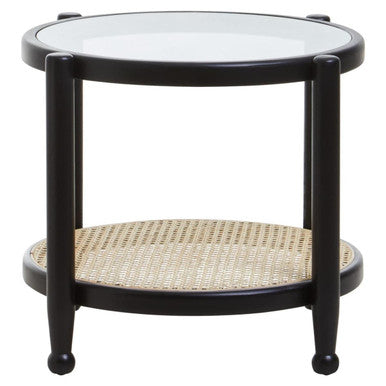 Black Elm Wood Side Table with Glass Top and Cane Open Weave Lower Shelf