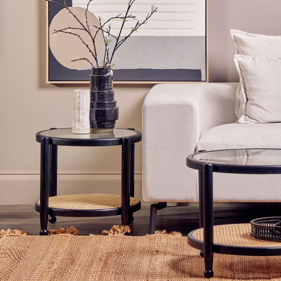 Black Elm Wood Side Table with Glass Top and Cane Open Weave Lower Shelf
