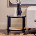 Black Elm Wood Side Table with Glass Top and Cane Open Weave Lower Shelf