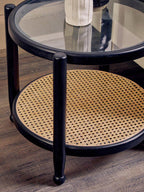 Black Elm Wood Side Table with Glass Top and Cane Open Weave Lower Shelf