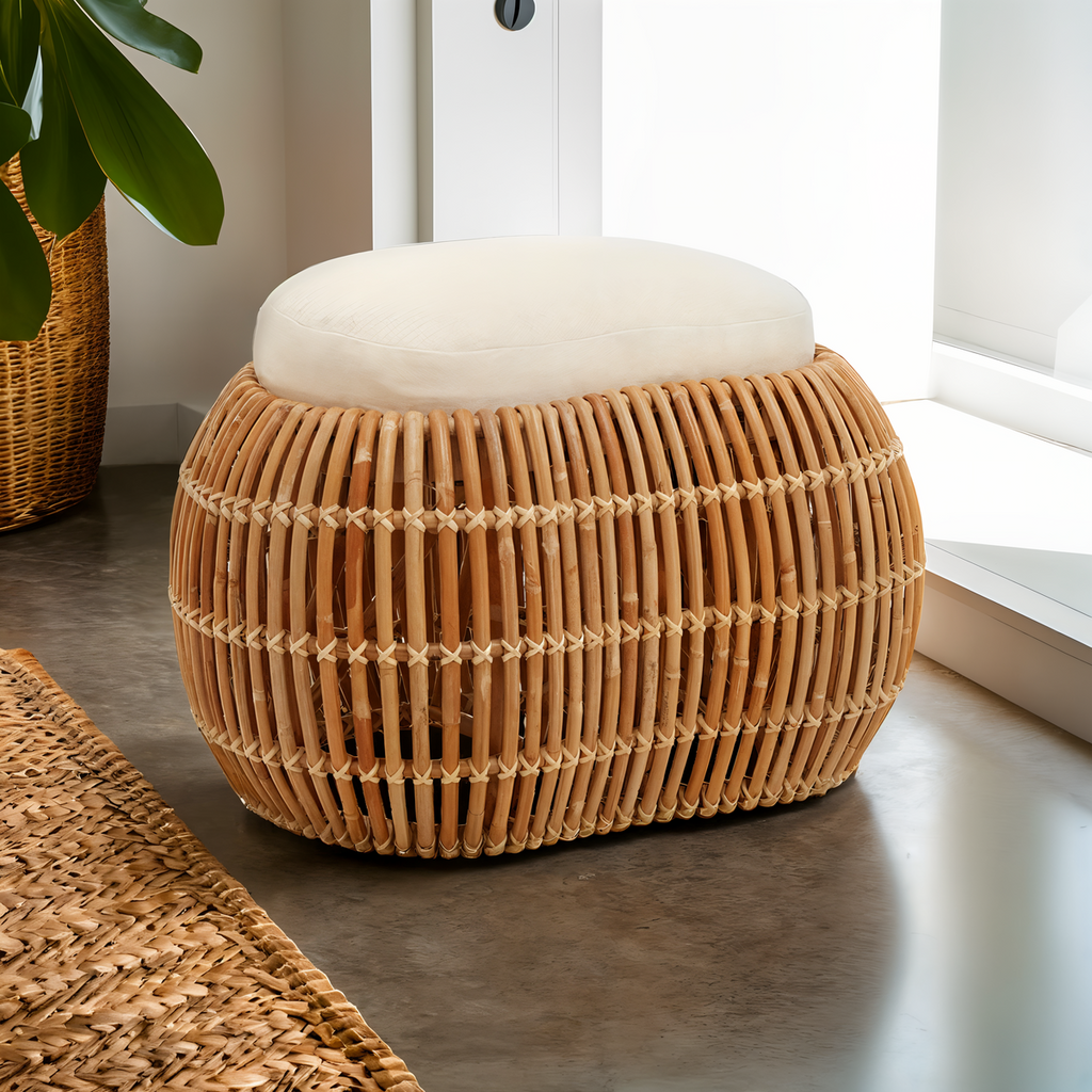 Natural Rattan Bench with Cream Cushion